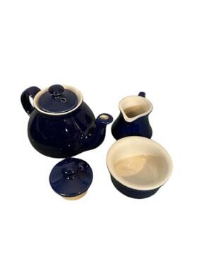 Hall Marine Blue Hot Water Teapot Creamer Sugar Bowl Tea Set Vintage
